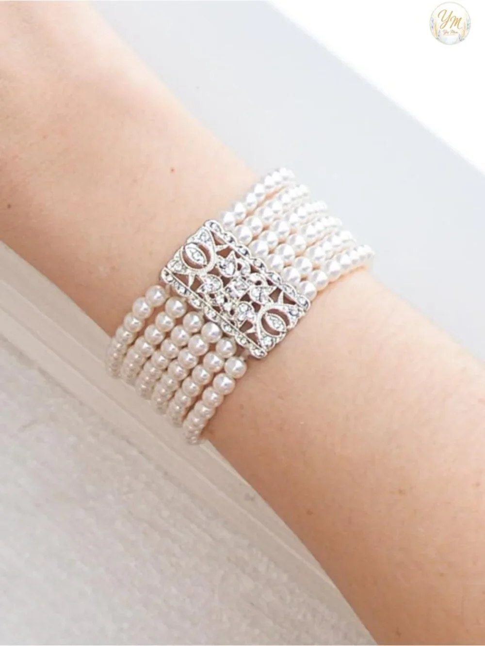 Vintage Art Deco Crystal and Pearl Stretch Cuff Bracelet, Simulated Pearls,